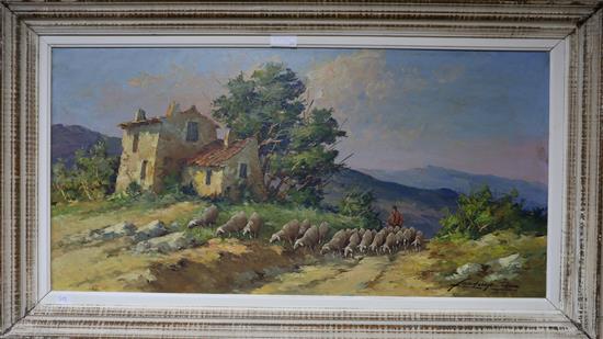 Fortune Car (1905-1970) oil on board, French Provence country scene of sheep, signed 50 x 100cm